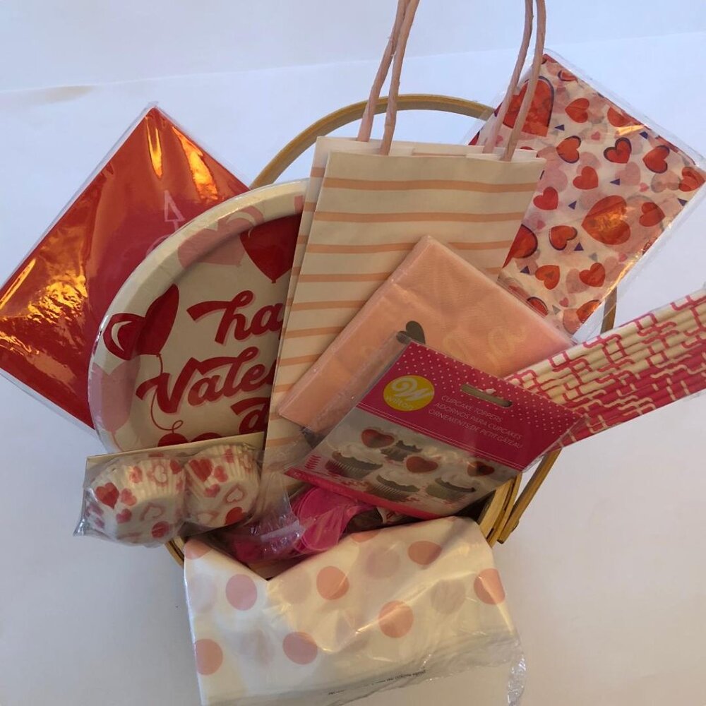 Supplies for a Make your own, Valentine's Day Gift Basket, (#2) Pink, White, Red